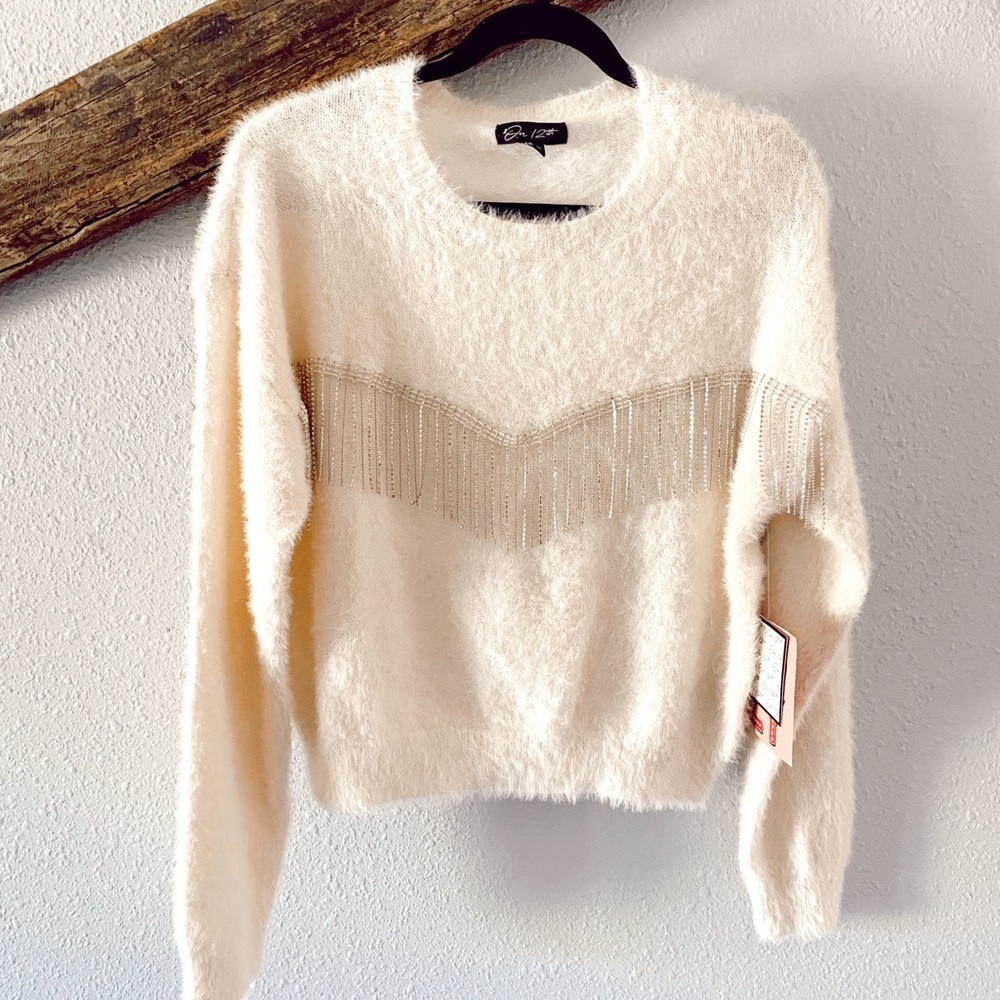 Cozy Cream Crewneck Sweater with rhinestone Fringe